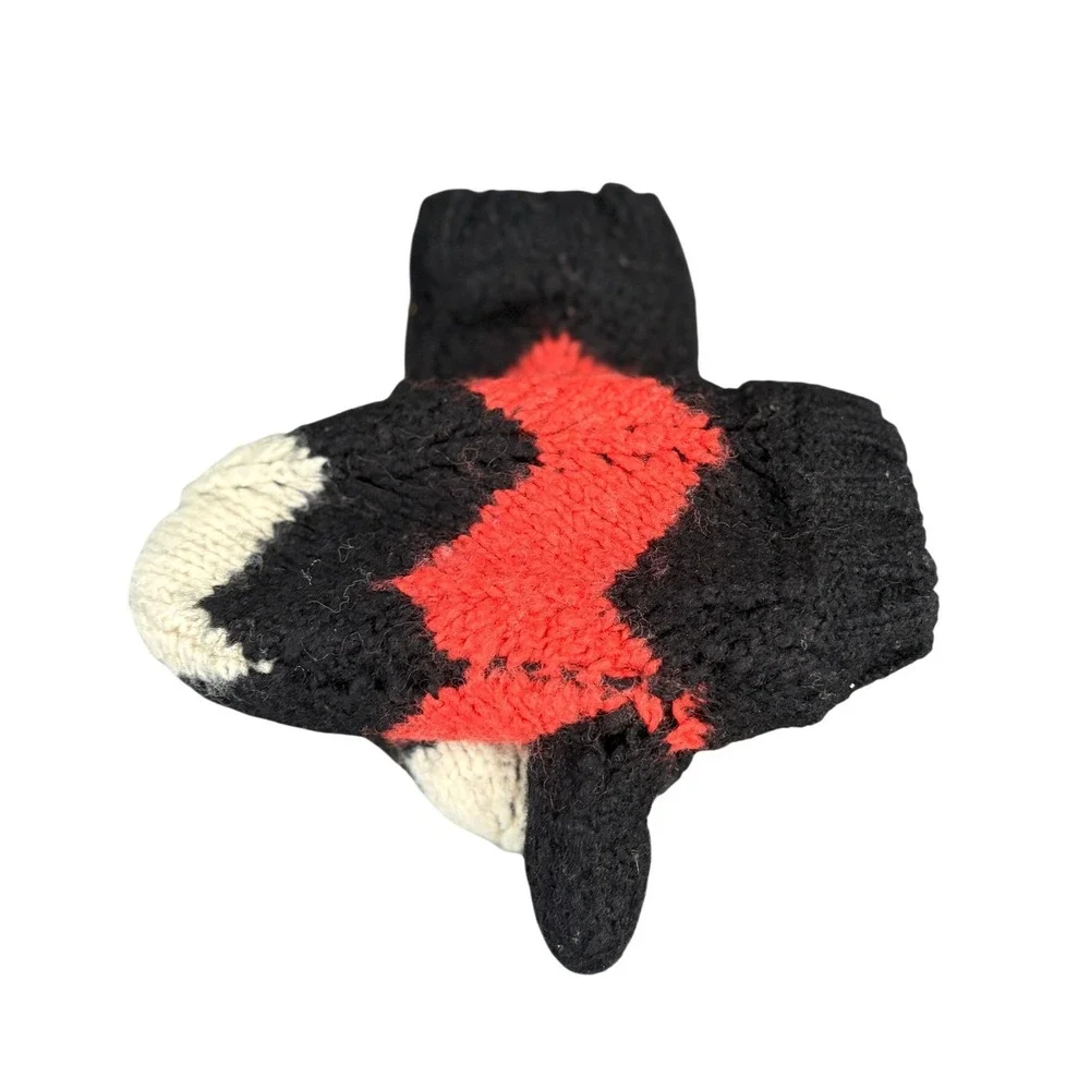 Free People Chunky Knit Chevron Mittens Black Red Cream Wool Blend Fleece Lined